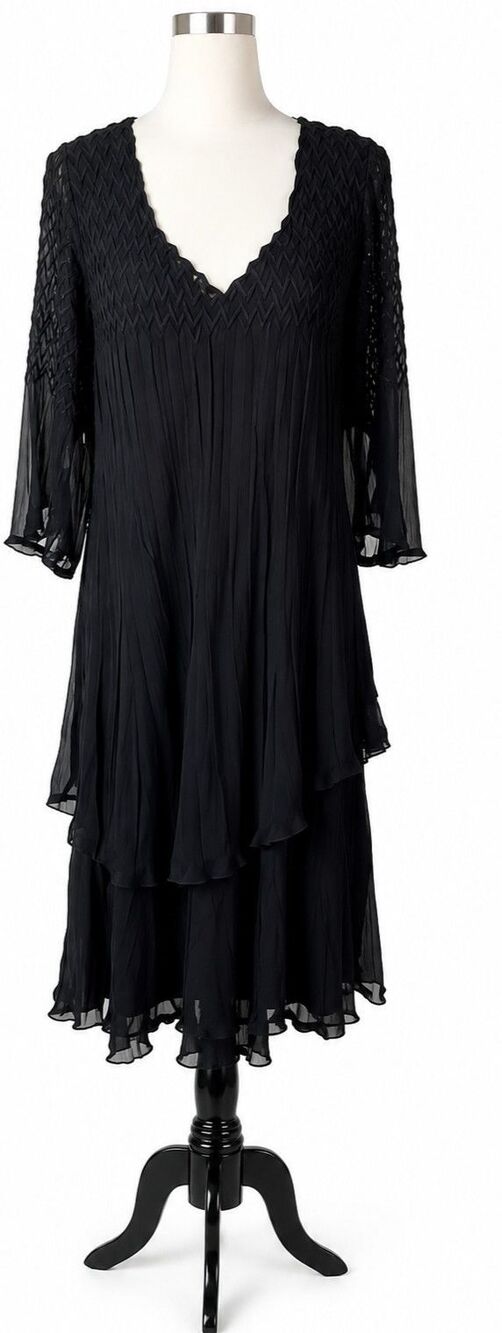 KOMAROV Black Chiffon Tiered Midi Dress Charmeuse V Neck Women's XL New